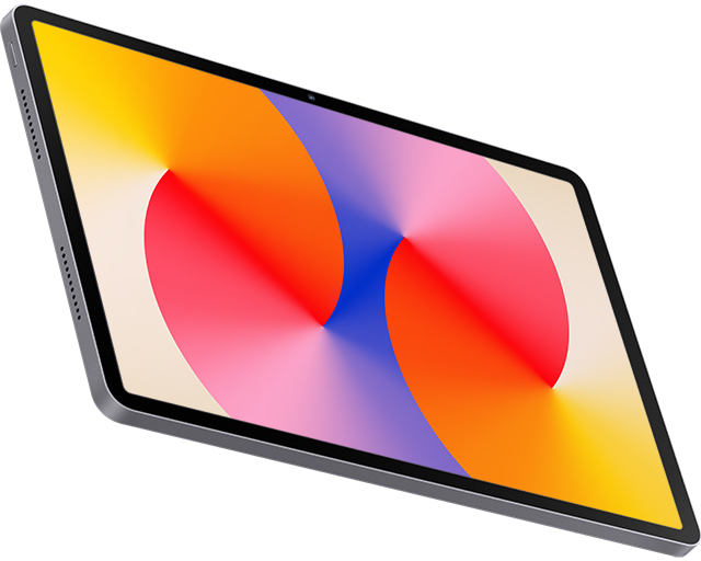 Színes képernyős tablet, narancs, sárga, rózsaszín és kék árnyalatú gradienssel. A tablet szürke.