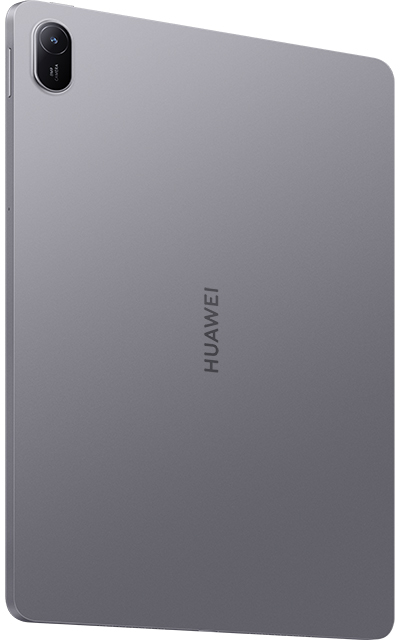 Egy szürke Huawei tabletet mutatnak hátulról. Kamera van a bal felső sarokban, középen a Huawei logóval.