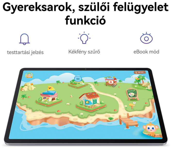 Egy táblagép rajzolt térképet jelenít meg házakkal, egy kocsival és egy majommal. A felső szöveg a 'Gyereksarok, szülői felügyelet funkció'.