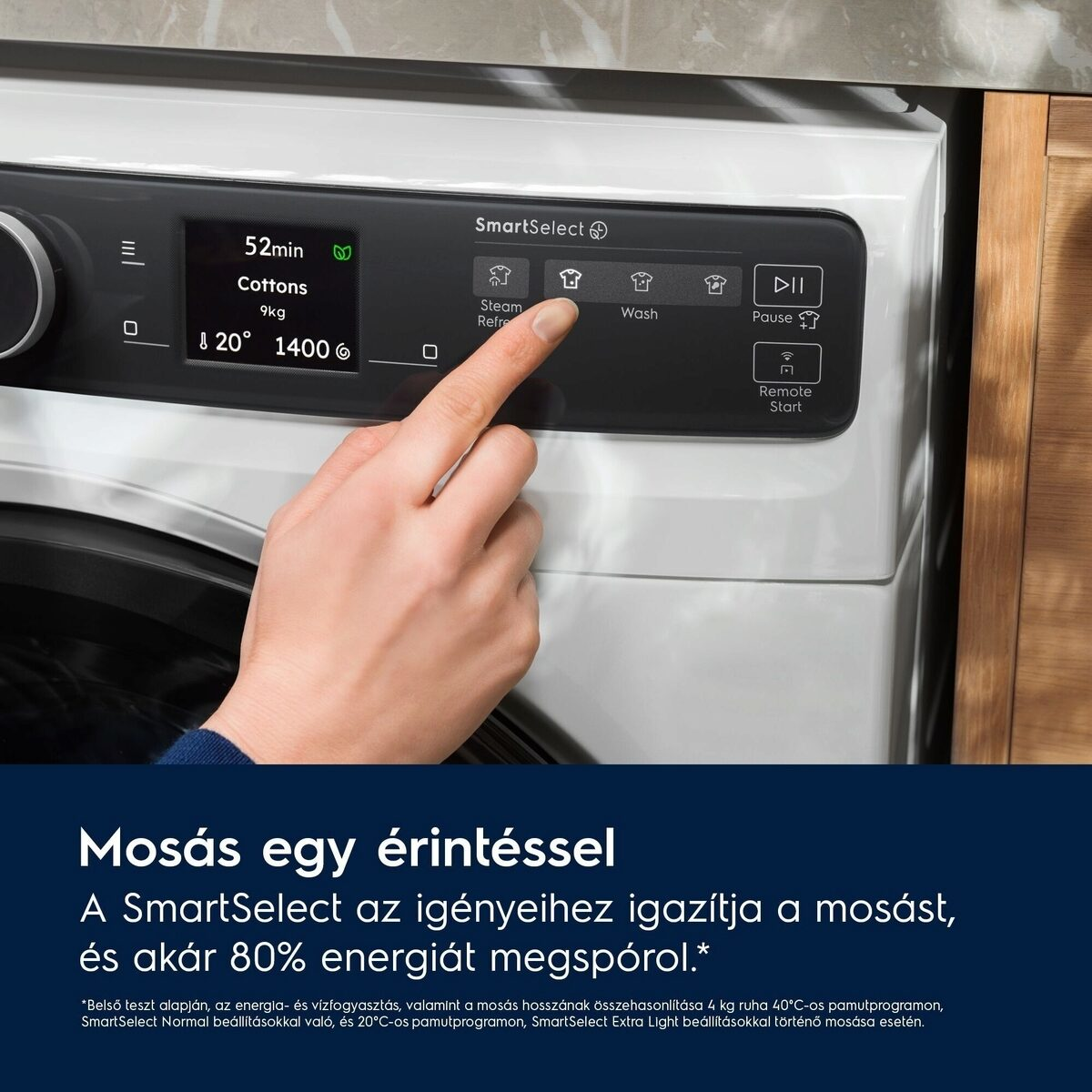 Egy kéz egy mosógép gombjára mutat. A gép képernyőjén beállítások láthatók. A szöveg: 'Mosás egy érintéssel'.
