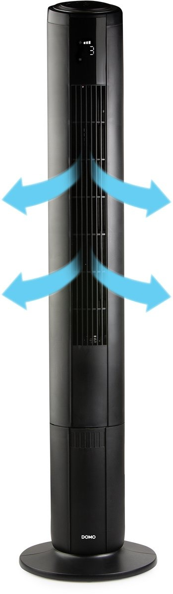 Un ventilateur tour noir avec un affichage numérique indiquant '3'. Des flèches bleues indiquent le flux d'air. La base indique 'DOMO'.