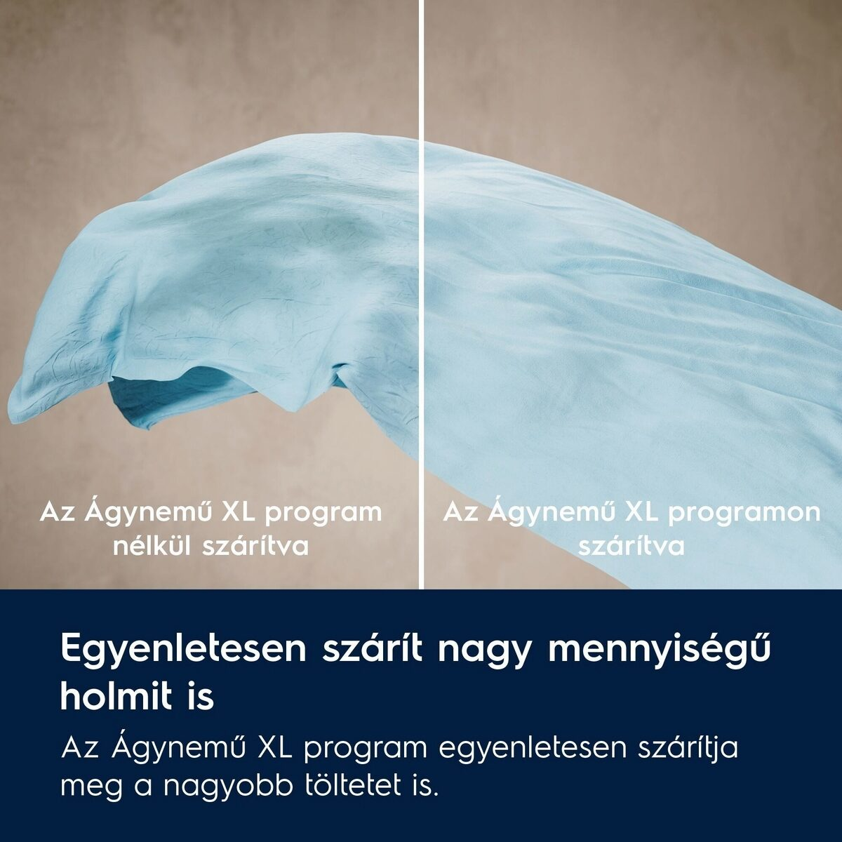 A kép világoskék anyag két oldalát mutatja. A magyar szöveg szárítóprogramokat és előnyöket ír le.