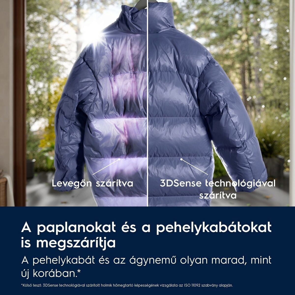 Egy kék pufferkabát látható, amely a levegőn szárítást a 3DSense technológiával hasonlítja össze. Alatta a szöveg szerint paplanokat és pehelykabátokat szárít.