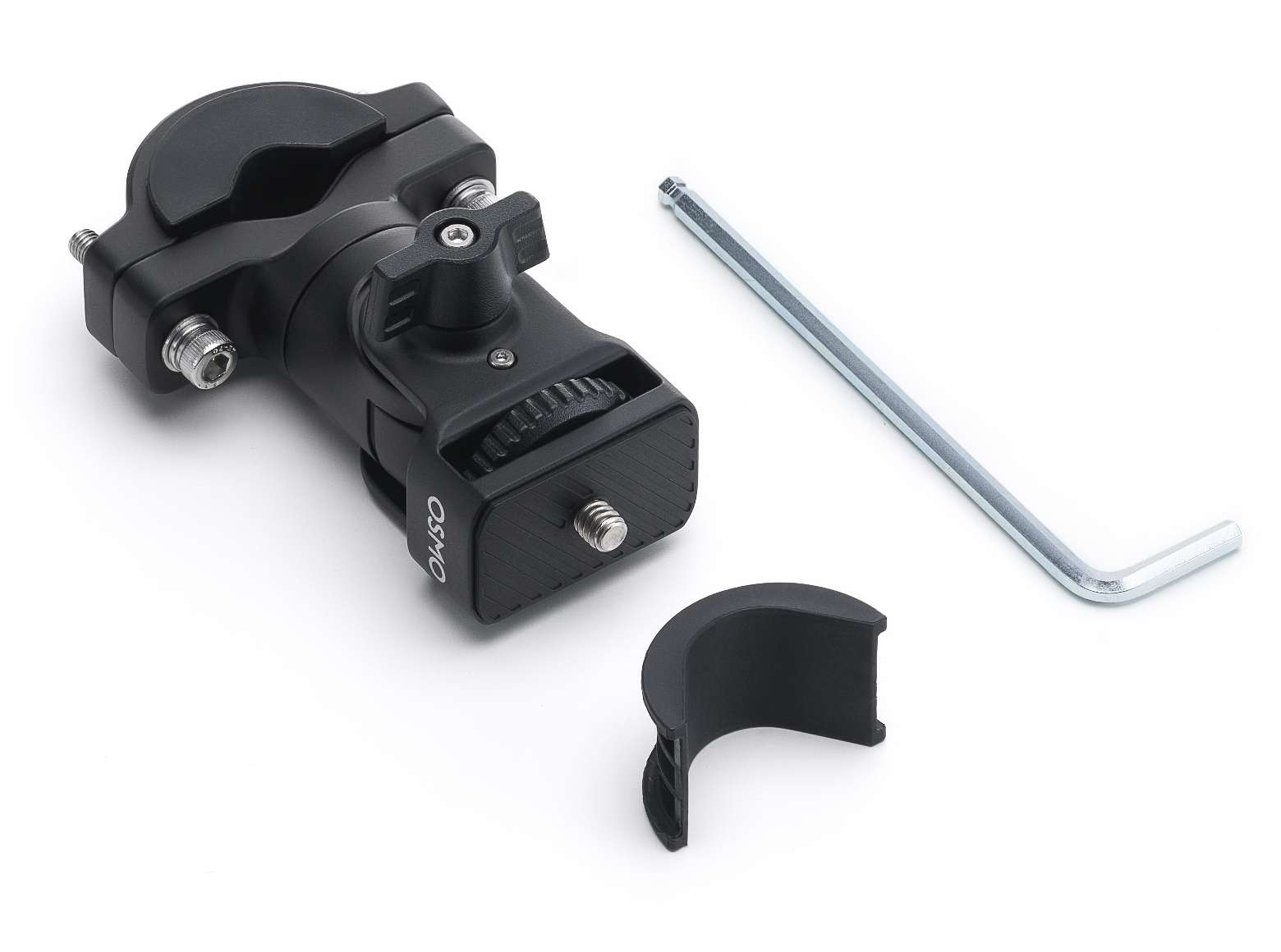 Czarny uchwyt do kamery ze srebrnymi śrubami i kluczem, plus czarny plastikowy element, wszystko na białym tle.