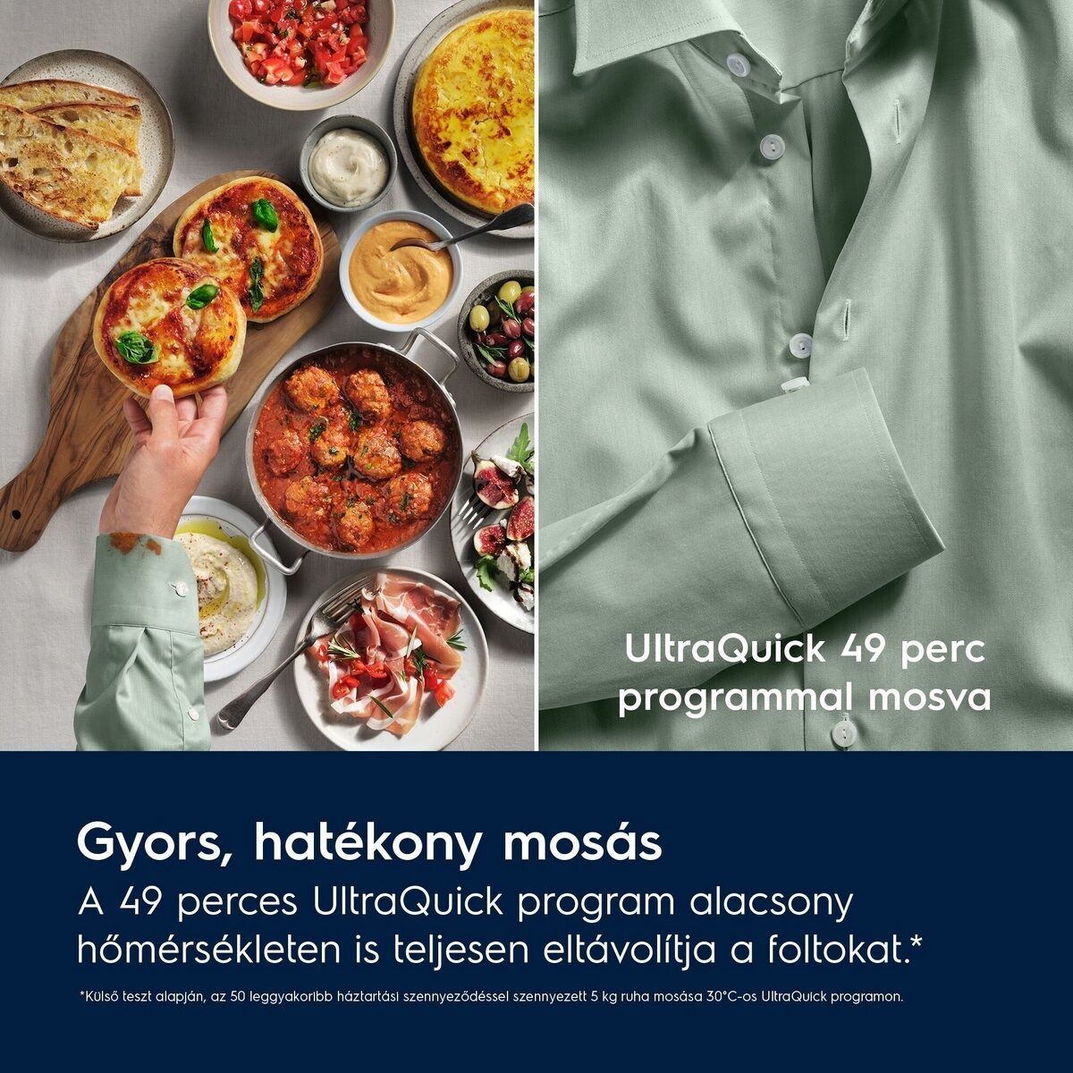 A kép ételeket mutat az asztalon és egy zöld inget. A szöveg azt mondja: UltraQuick 49 perces mosás. Gyors, hatékony mosás.