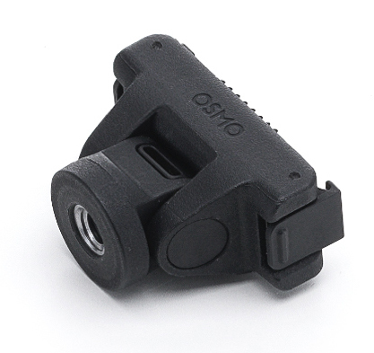 Czarne akcesorium Osmo na białym tle. Jest to plastikowy uchwyt z przegubem obrotowym i mechanizmem zaciskowym. Widoczne logo Osmo.