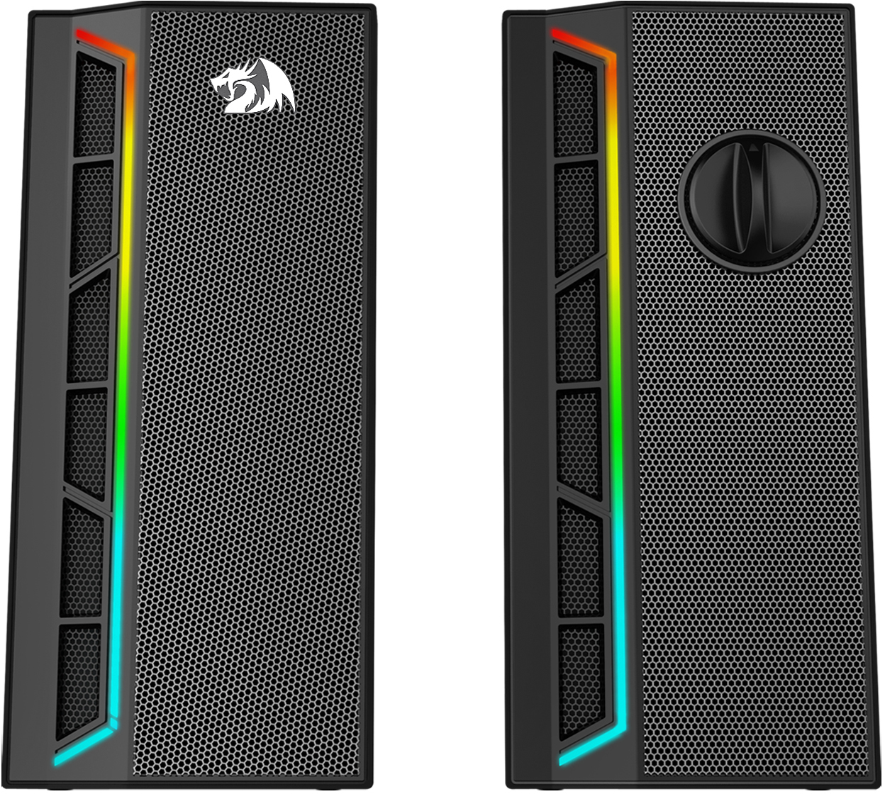 Dwa czarne głośniki komputerowe. Każdy ma metalową siatkową przednią część z wielokolorowym paskiem LED. Jeden ma logo Redragon.