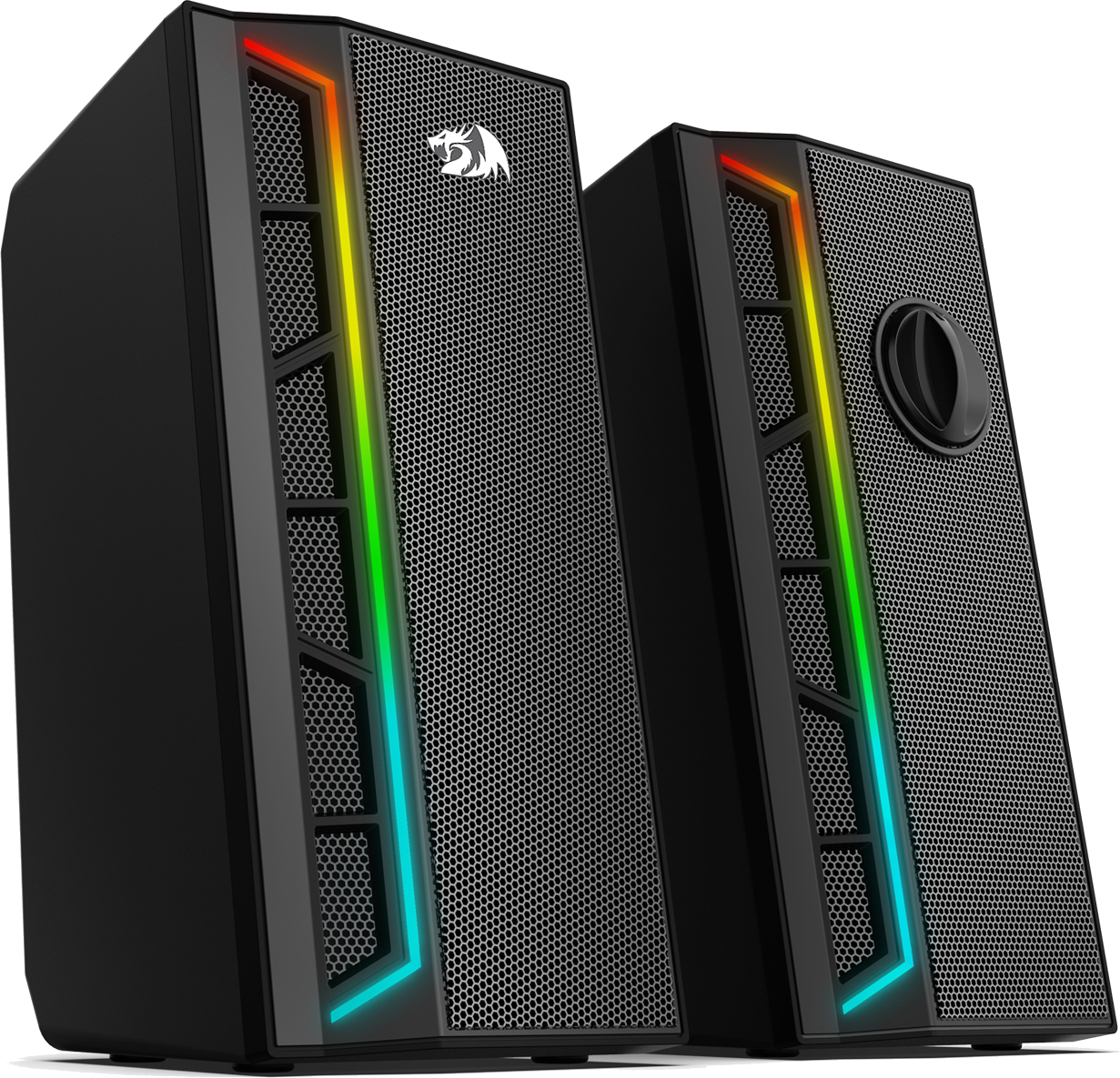 Dwa czarne głośniki komputerowe z siatkowymi frontami i kolorowymi paskami LED. Logo widoczne na jednym głośniku.