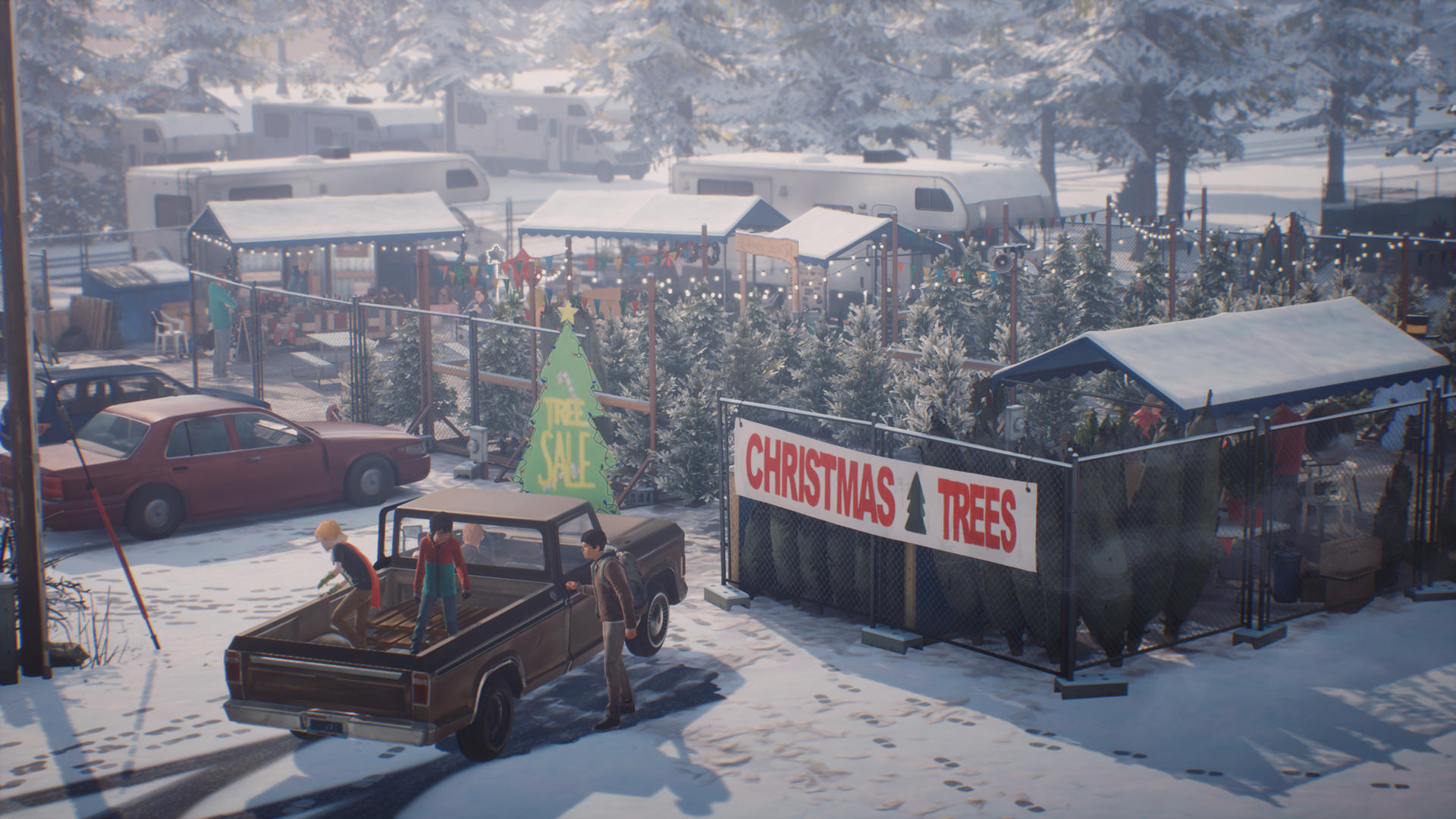 Ein Weihnachtsbaumverkauf in einer verschneiten Szene. Ein Pick-up-Truck mit Leuten befindet sich im Vordergrund. Weihnachtsbäume und Anhänger sind im Hintergrund.