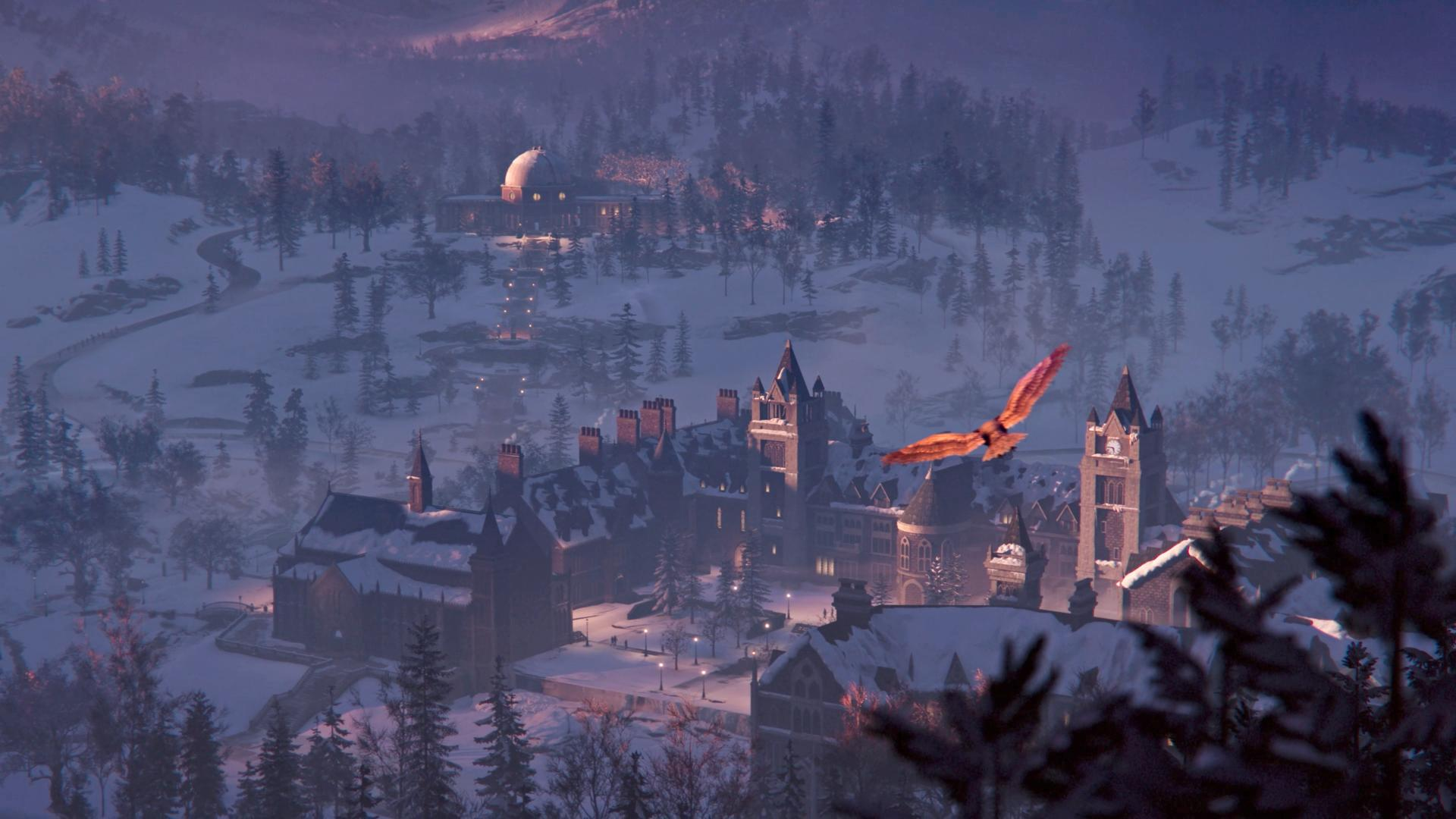 Winterszene mit Schloss, verschneiter Landschaft und einem fliegenden Vogel. Gebäude und Bäume sind schneebedeckt. Ein Vogel fliegt in der Nähe des Schlosses.