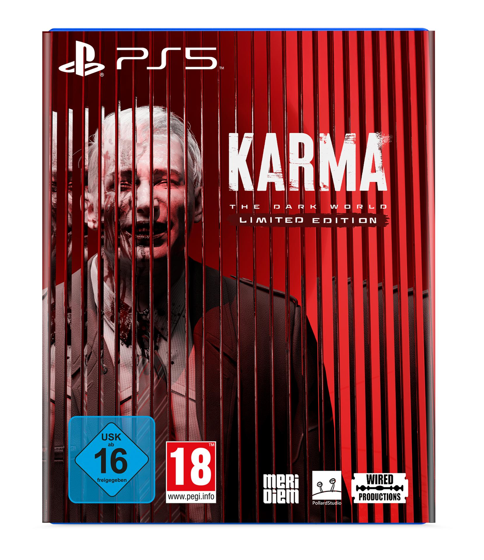 Spielcover mit Zombiegesicht, rotem Hintergrund und dem Titel 'Karma'. Das Spiel ist für PS5, Limited Edition.