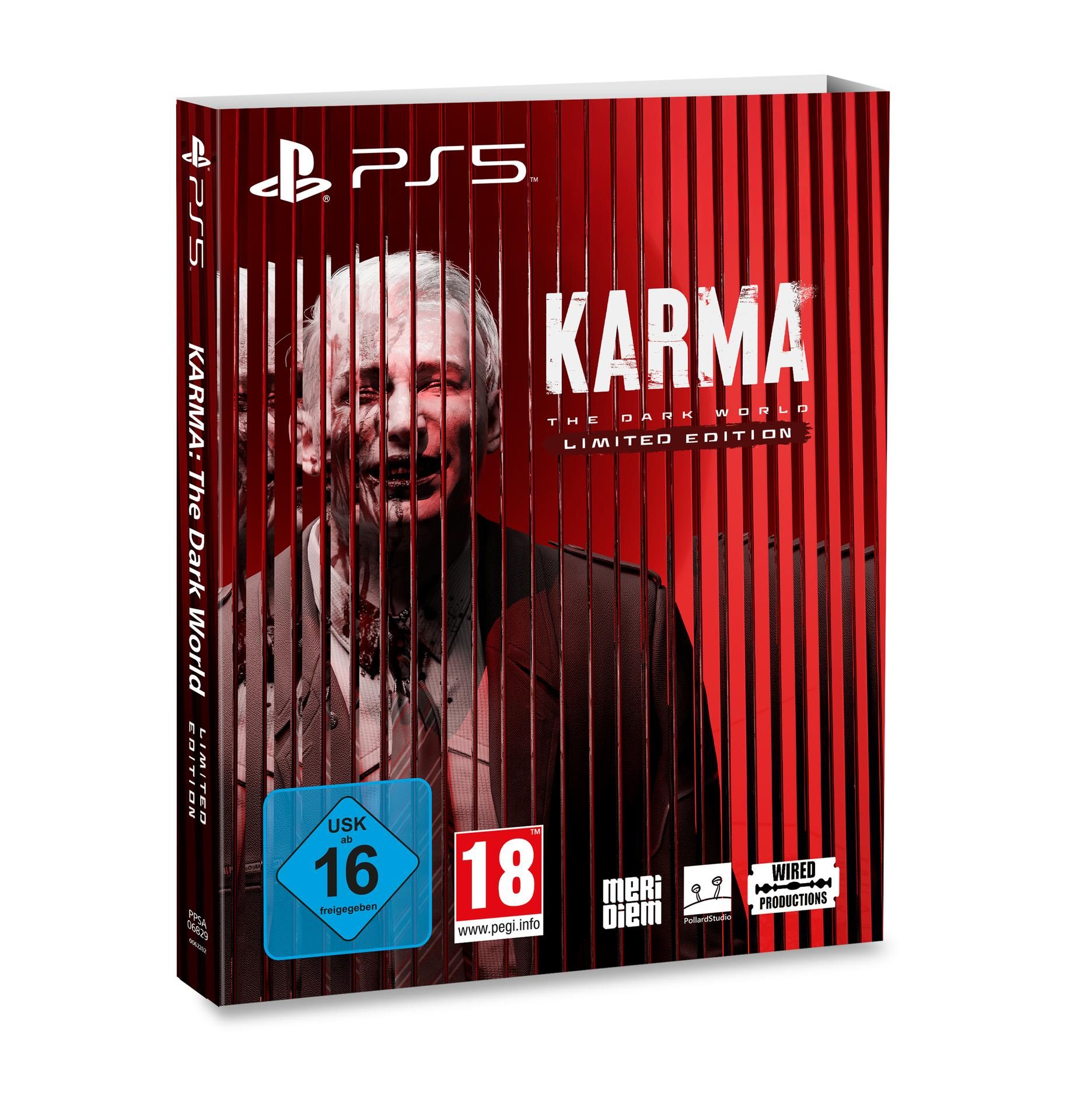 Spielcover für Karma: The Dark World. Es zeigt ein zombieartiges Gesicht, einen roten Hintergrund und das PS5-Logo.