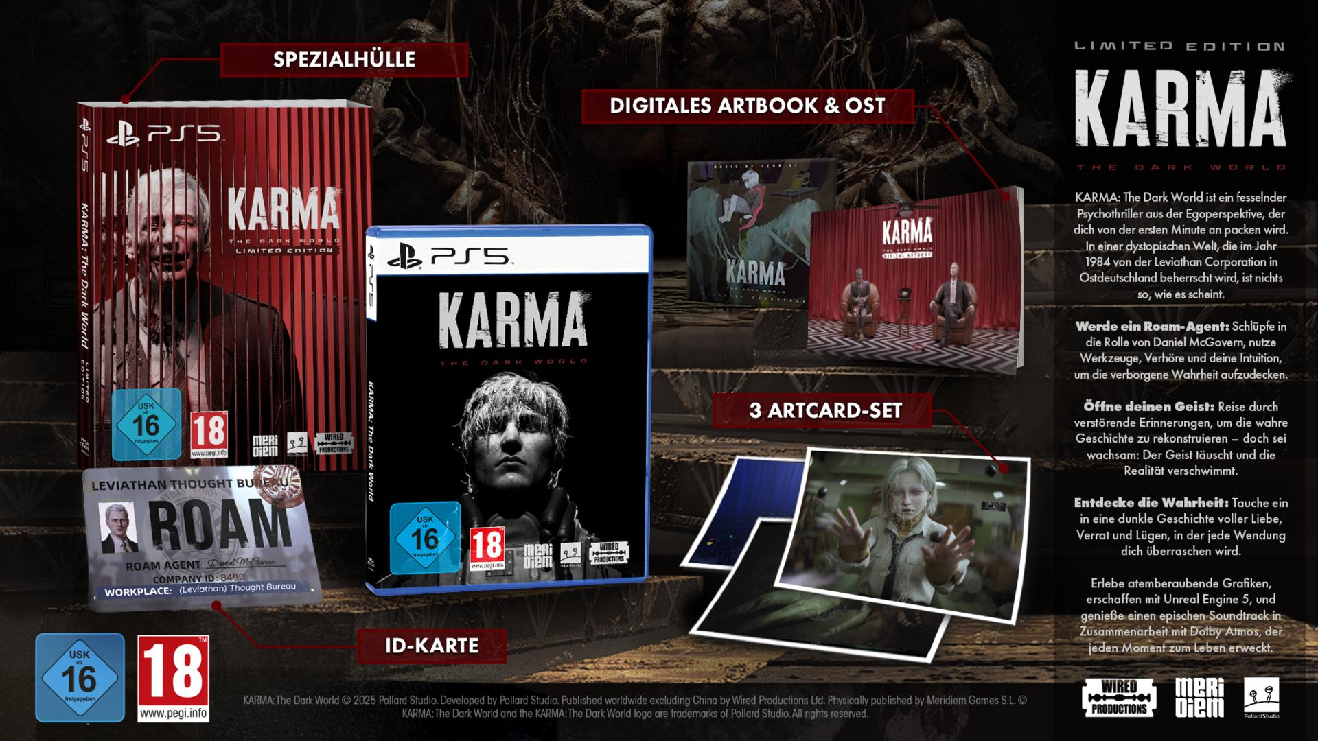 Spielbox-Art mit Mann, Spieltitel 'Karma', Altersfreigaben und 'Limited Edition'.