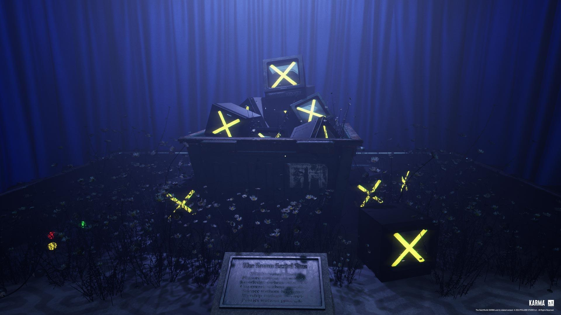 Eine dunkle Szene mit einem Müllcontainer voller Fernseher mit gelben X's. Ein Schild lautet 'The Seven Sorted Sins'. Blumen wachsen herum.