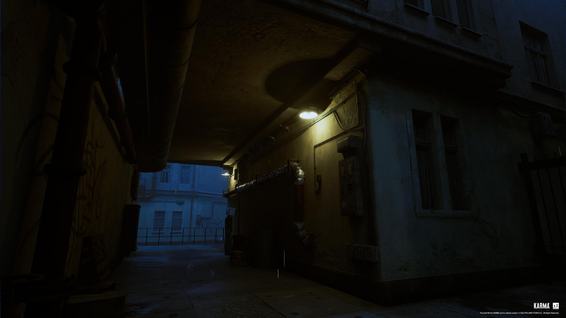 Eine dunkle Gasse mit Rohren, alten Gebäuden und Straßenlaternen. Die Szene ist schwach beleuchtet, ein entferntes Gebäude ist sichtbar.