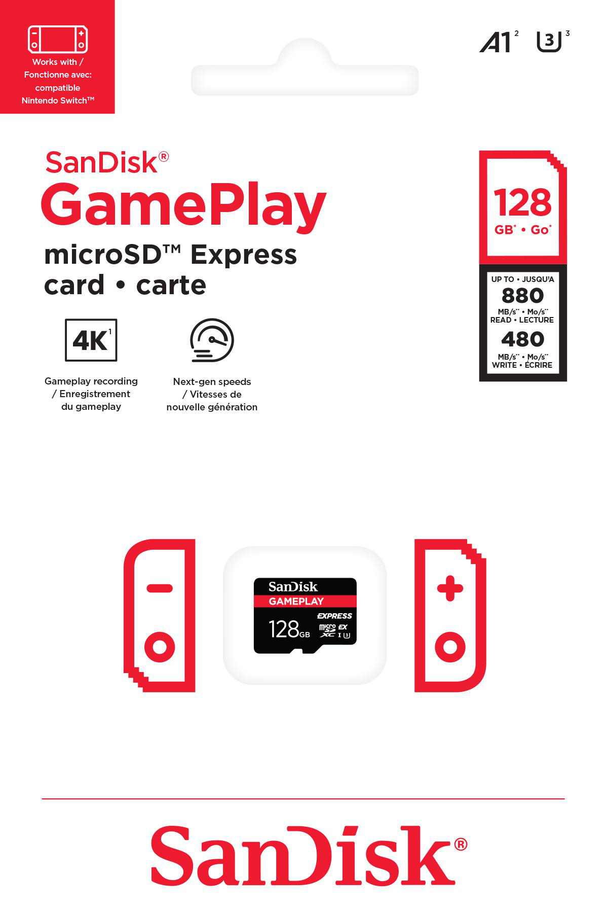 SanDisk GamePlay microSD-Karte. Rote und weiße Verpackung. Enthält 128 GB Kapazität und Geschwindigkeitsinformationen. Kompatibel mit Nintendo Switch.