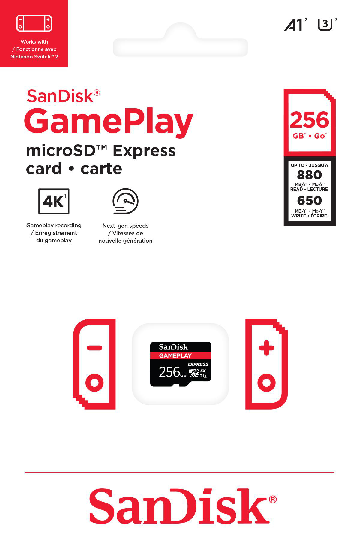 SanDisk GamePlay microSD-Kartenverpackung. Merkmale: Nintendo Switch-Kompatibilität, 256 GB und Lese-/Schreibgeschwindigkeiten. Weißer Hintergrund.