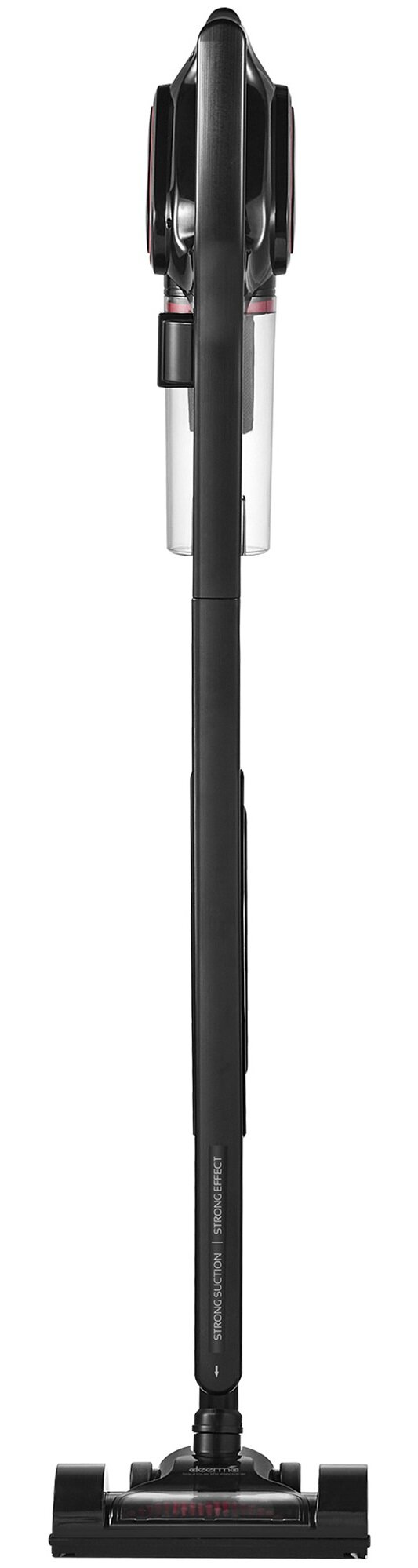 Czarny i czerwony odkurzacz bezprzewodowy. Jest pionowy i ma przezroczysty pojemnik na kurz, uchwyt i głowicę szczotki.