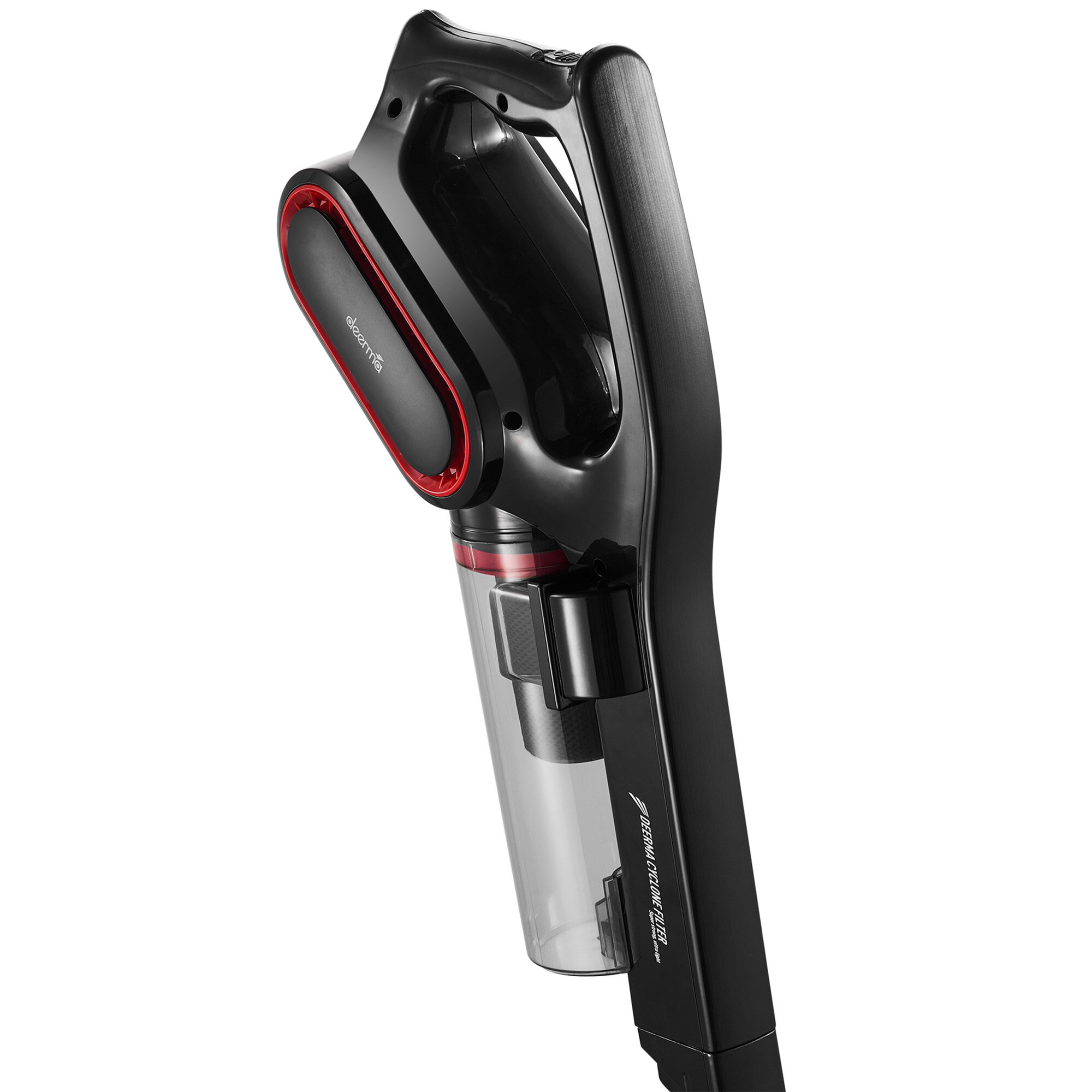 Czarny i czerwony odkurzacz bezprzewodowy. Uchwyt jest na górze, a pojemnik na kurz jest przezroczysty.