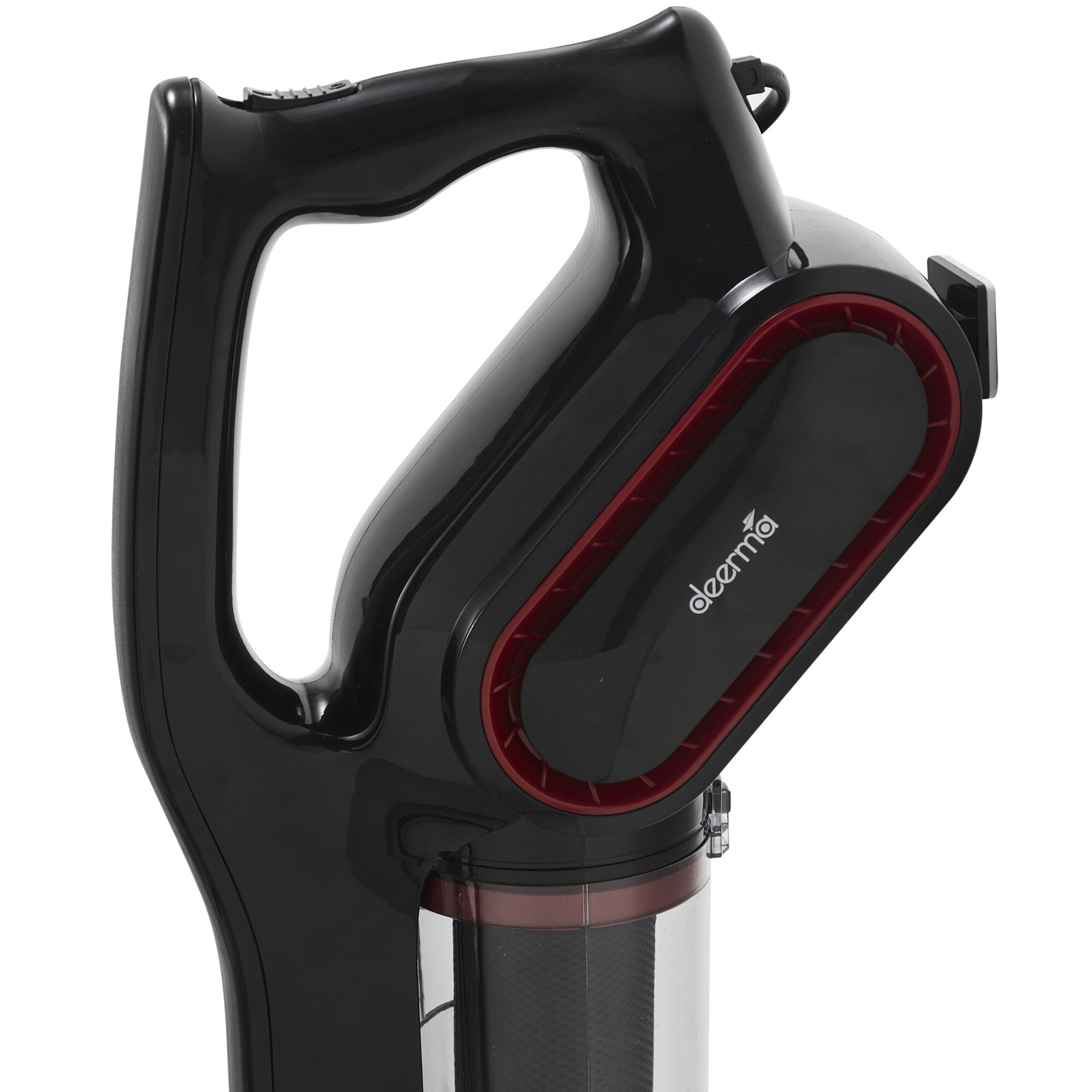 Czarny i czerwony odkurzacz ręczny. Uchwyt na górze z marką 'deerma'. Przezroczysty pojemnik na kurz na dole.