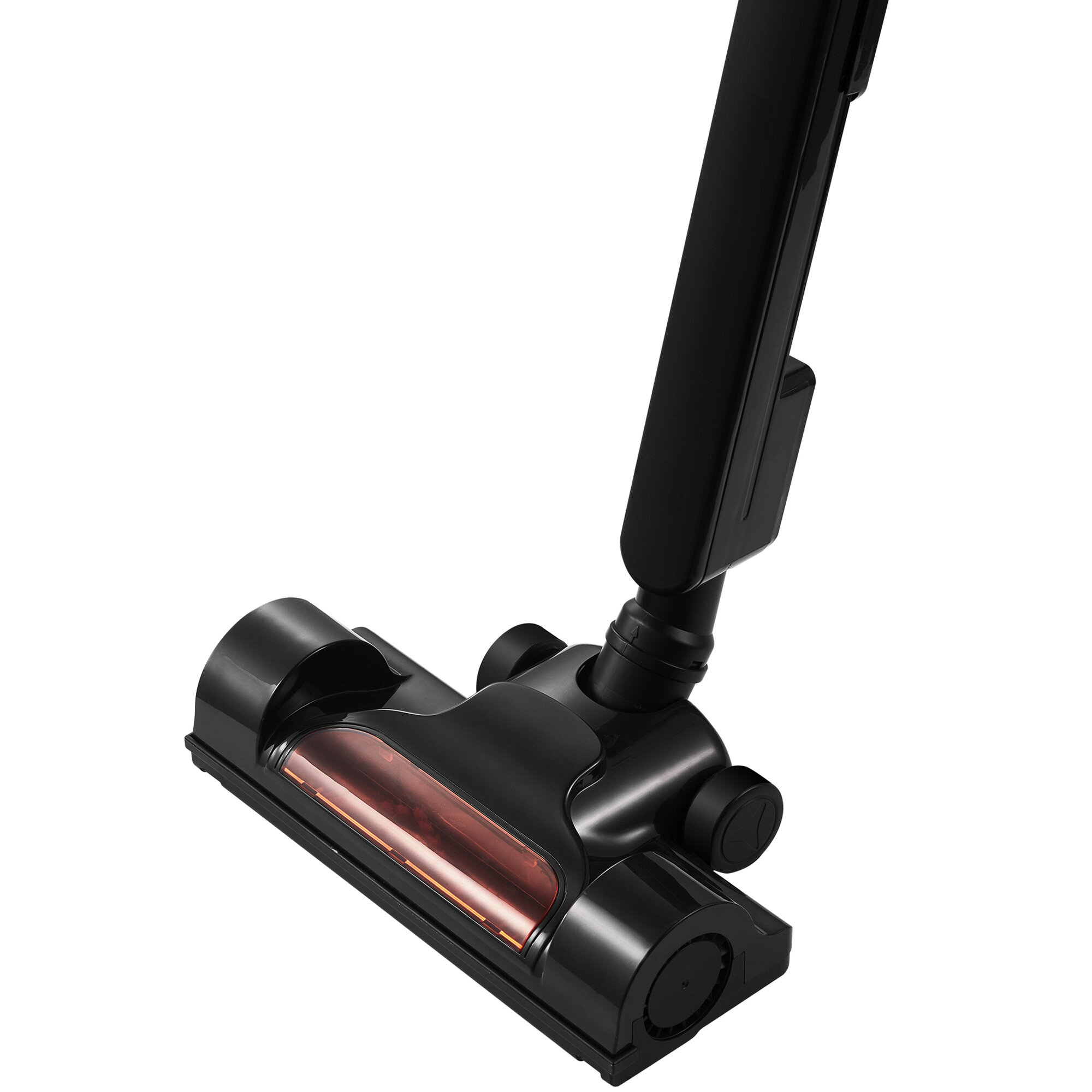 Czarna głowica i uchwyt odkurzacza na białym tle. Głowica ma przezroczystą pomarańczową sekcję.