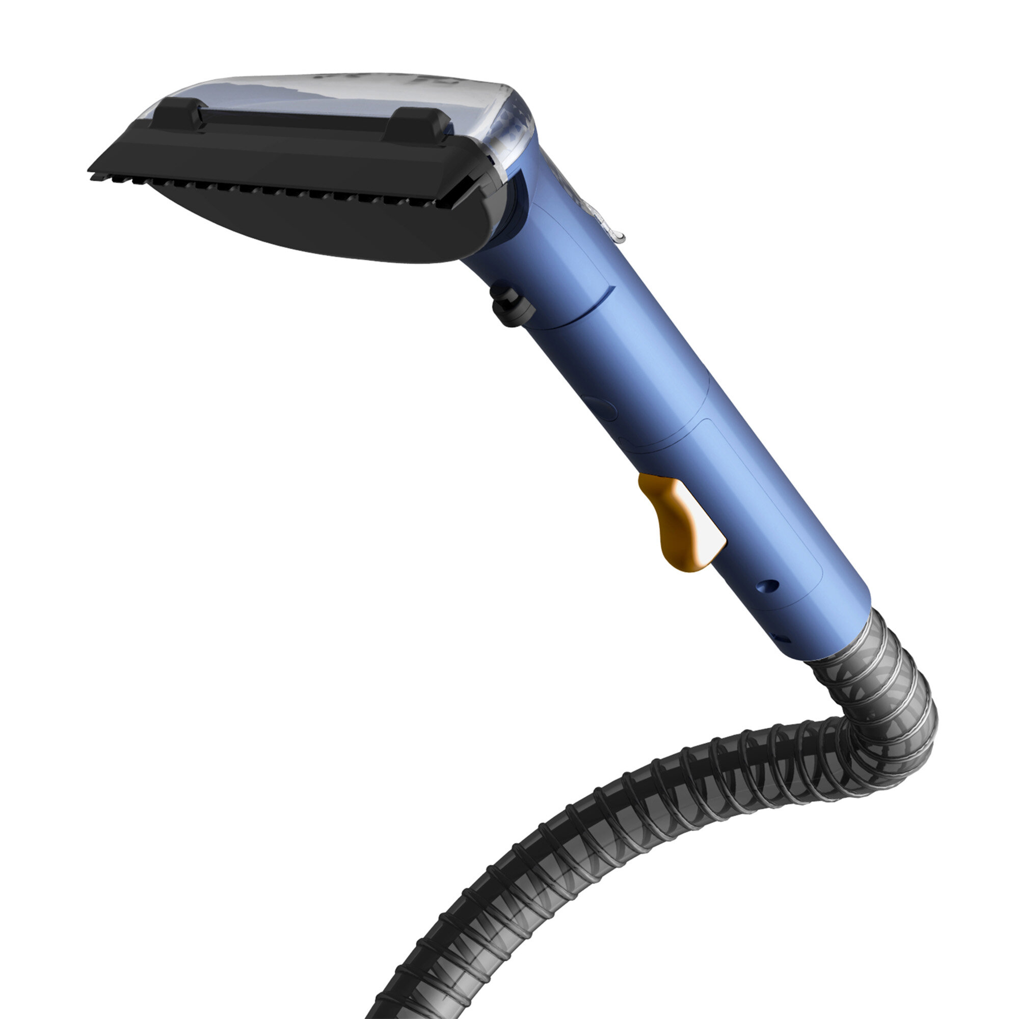 Niebiesko-czarny ręczny środek do czyszczenia parą. Ma czarną głowicę, niebieski korpus i elastyczny wąż.