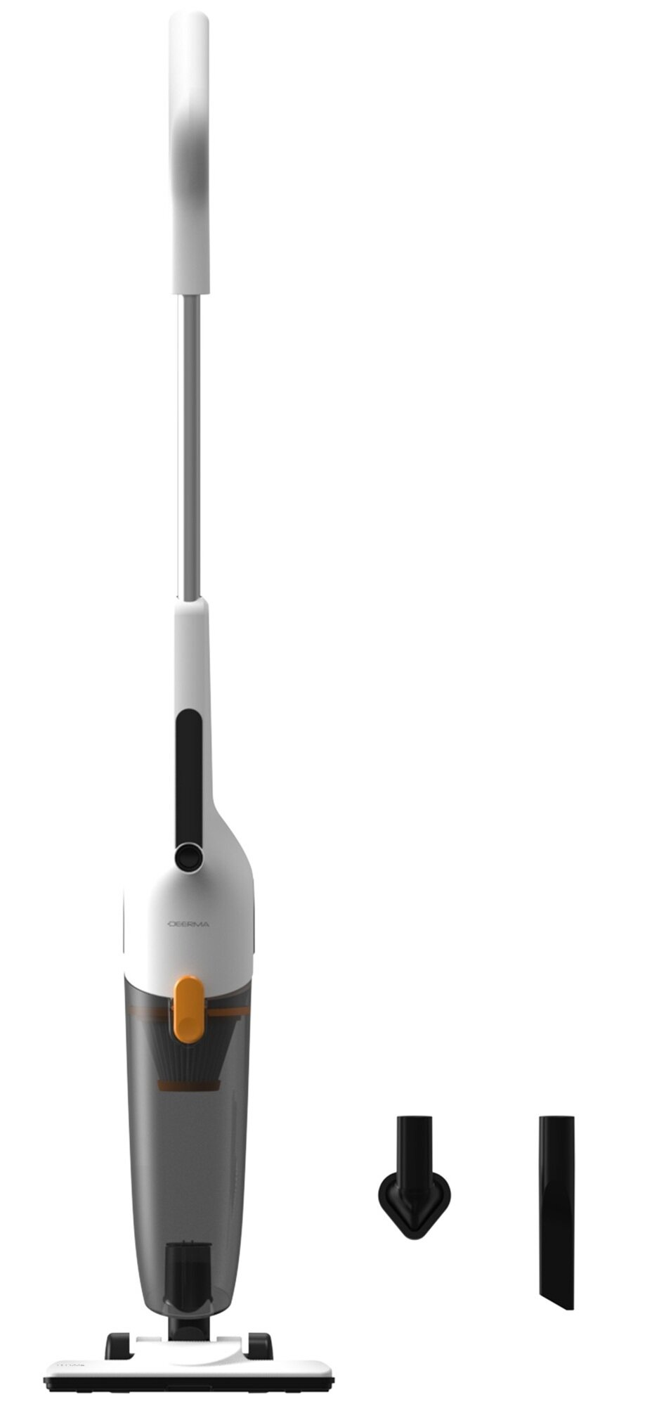 Biało-szary odkurzacz bezprzewodowy stoi pionowo. Dodatkowe czarne nasadki leżą obok na białym tle.