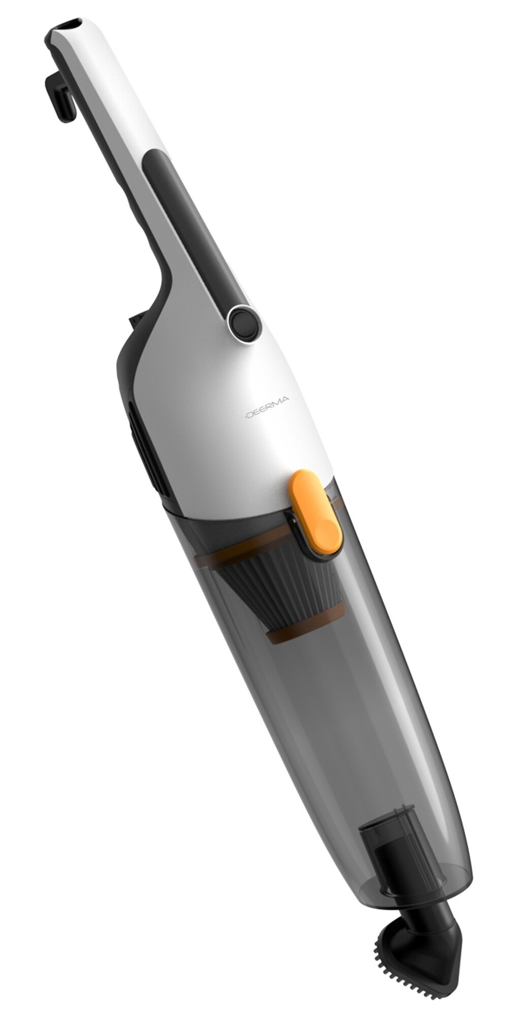 Biało-szary odkurzacz ręczny z przezroczystym pojemnikiem na kurz i pomarańczowym przyciskiem.