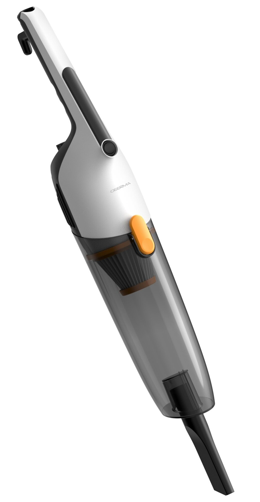 Biały, czarny i szary odkurzacz ręczny z pomarańczowym przyciskiem. Pojemnik na kurz jest przezroczysty.