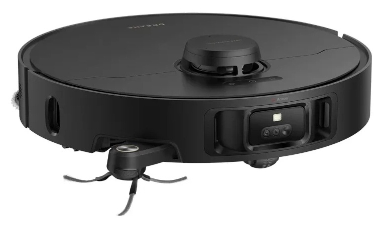 Czarny odkurzacz automatyczny. Ma okrągły kształt z centralnym wybrzuszeniem. Posiada obrotową szczotkę i czujniki.