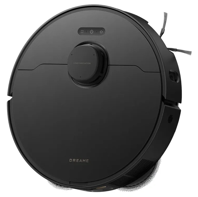 Czarny robot odkurzający z okrągłym korpusem. Posiada system nawigacji LIDAR, widoczna jest nazwa marki DREAME.