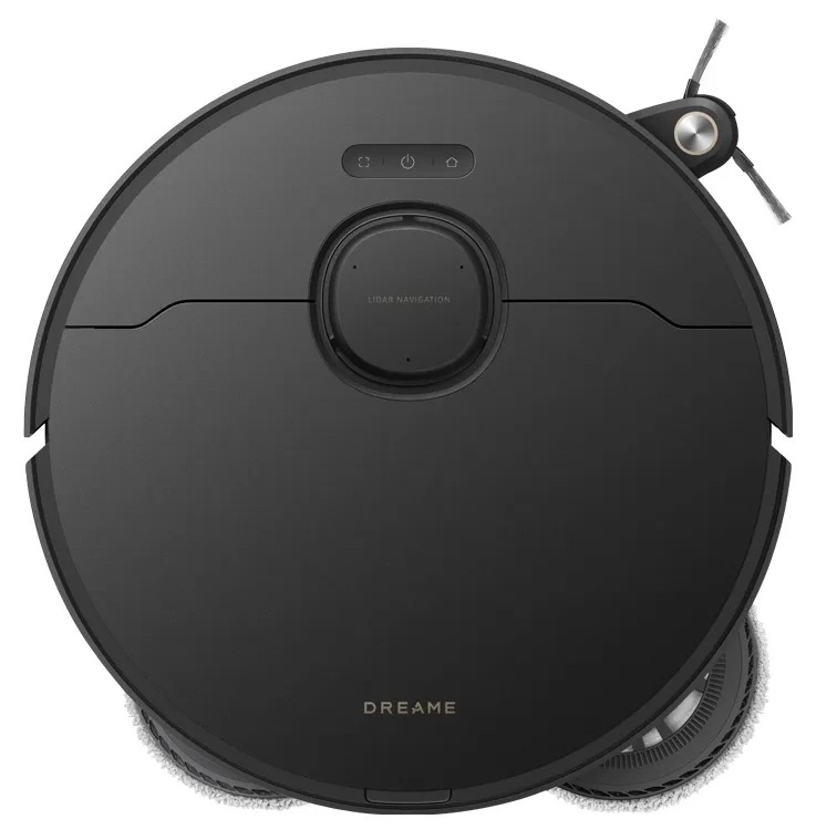 Czarny robot sprzątający Dreame. Ma okrągły kształt z przyciskami i systemem nawigacji LIDAR. Widoczne są dwa obrotowe mopy.