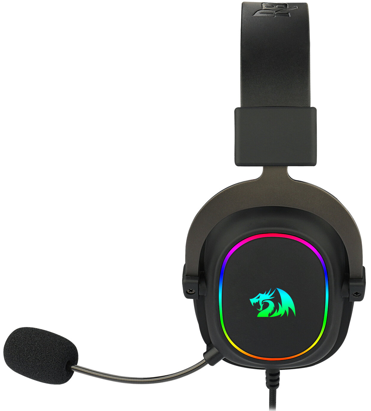 Czarny zestaw słuchawkowy dla graczy z podświetleniem RGB wokół nauszników. Posiada mikrofon, logo smoka i czarny pałąk.
