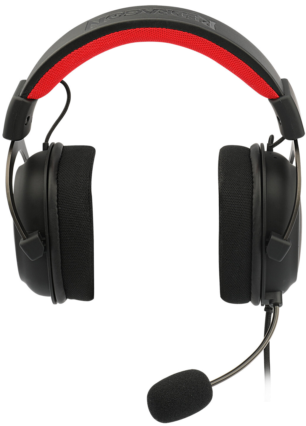 Czarne słuchawki dla graczy z czerwonymi akcentami na pałąku. Posiadają duże nauszniki i mikrofon.