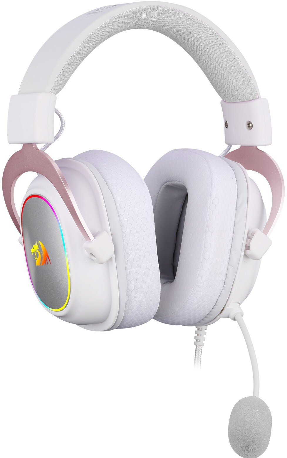 Biały zestaw słuchawkowy dla graczy z różowymi akcentami. Posiada mikrofon i logo Redragon na nauszniku. Zestaw jest odizolowany na białym tle.