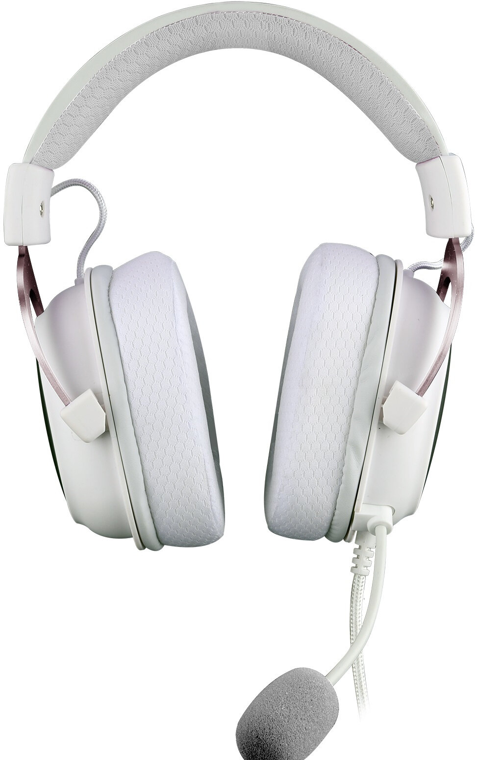 Biały zestaw słuchawkowy dla graczy z mikrofonem. Zestaw ma białe nauszniki, wyściełany pałąk i elastyczny mikrofon.