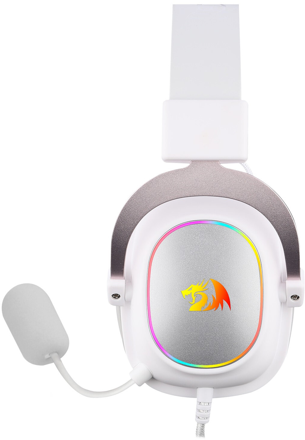 Biały zestaw słuchawkowy dla graczy z mikrofonem. Posiada logo smoka, światła RGB i srebrną ramę.