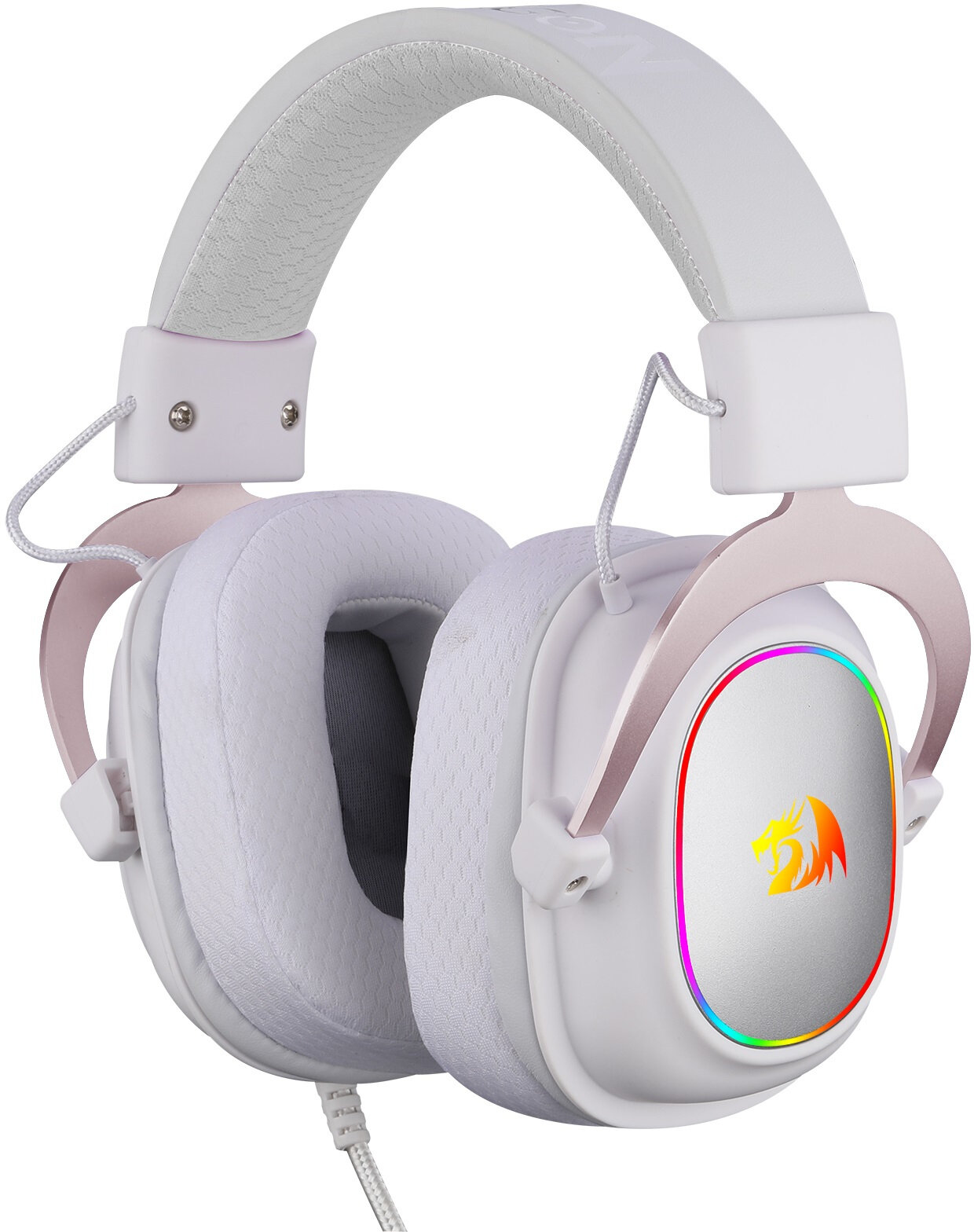 Biało-różowy zestaw słuchawkowy dla graczy. Ma wyściełany pałąk, duże nauszniki i srebrne logo z tęczową obwódką.