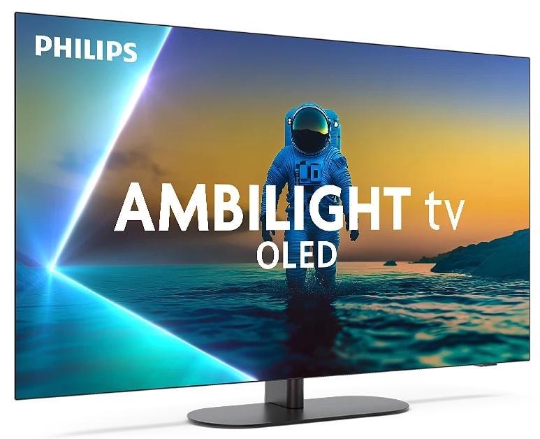 Telewizor Philips Ambilight OLED wyświetla astronautę na wodnej powierzchni. Ekran pokazuje logo, a telewizor stoi na czarnym stojaku.