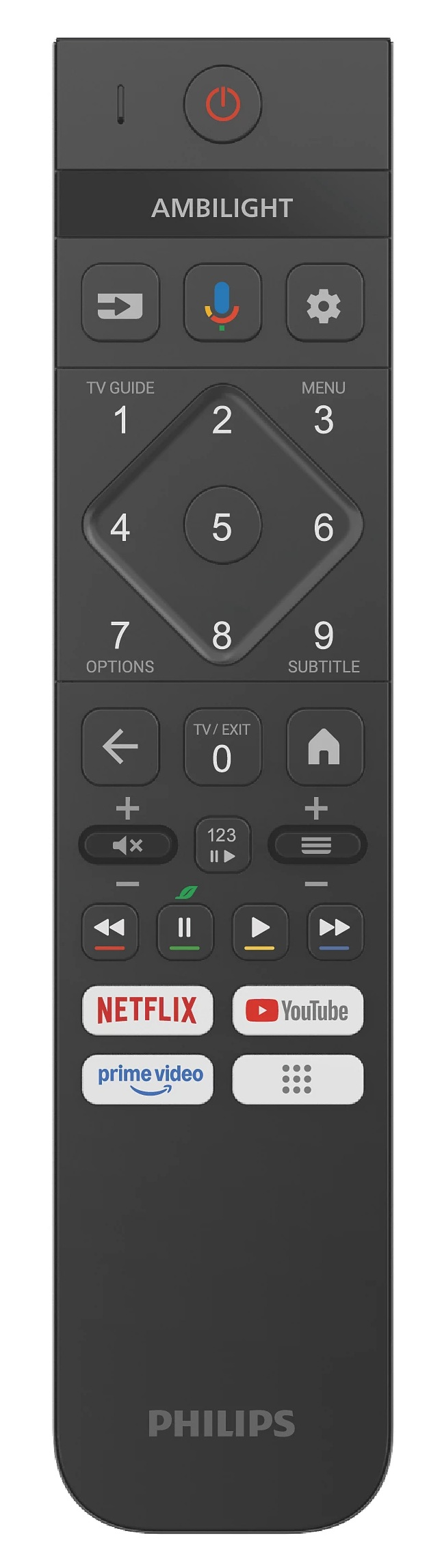 Czarny pilot do telewizora Philips z wieloma przyciskami, w tym Netflix i YouTube. Na górze znajduje się przycisk zasilania.