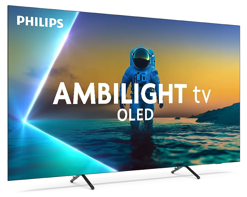 Telewizor Philips Ambilight OLED przedstawia astronautę w wodzie. Ekran wyświetla żywy zachód słońca ze słowami 'Ambilight tv OLED'.