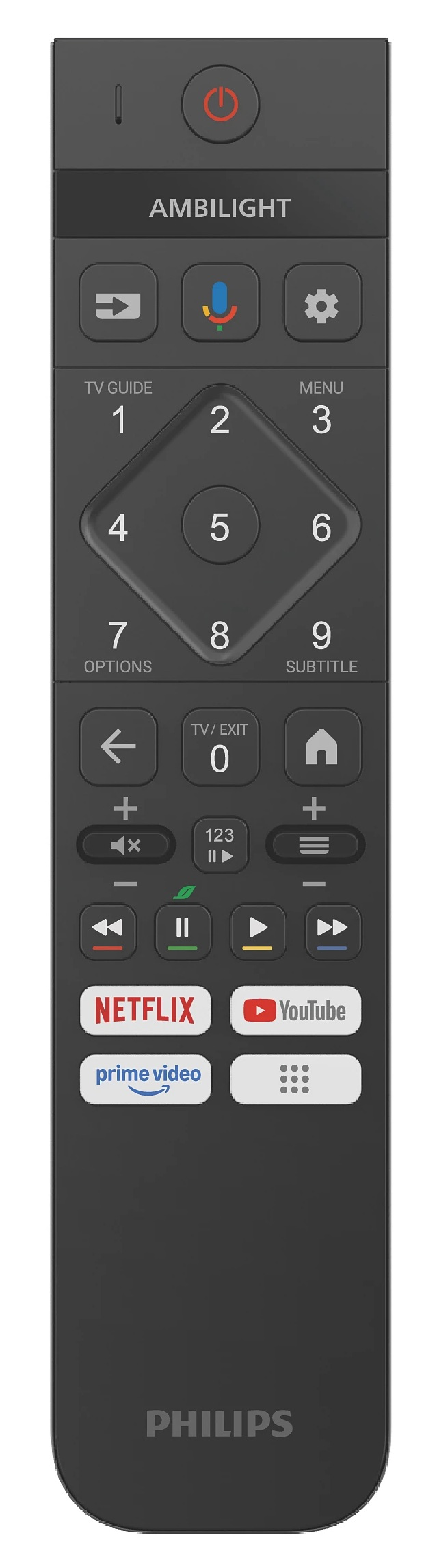 Czarny pilot do telewizora Philips. Przyciski: zasilanie, Ambilight, numery, Netflix, YouTube i regulacja głośności.