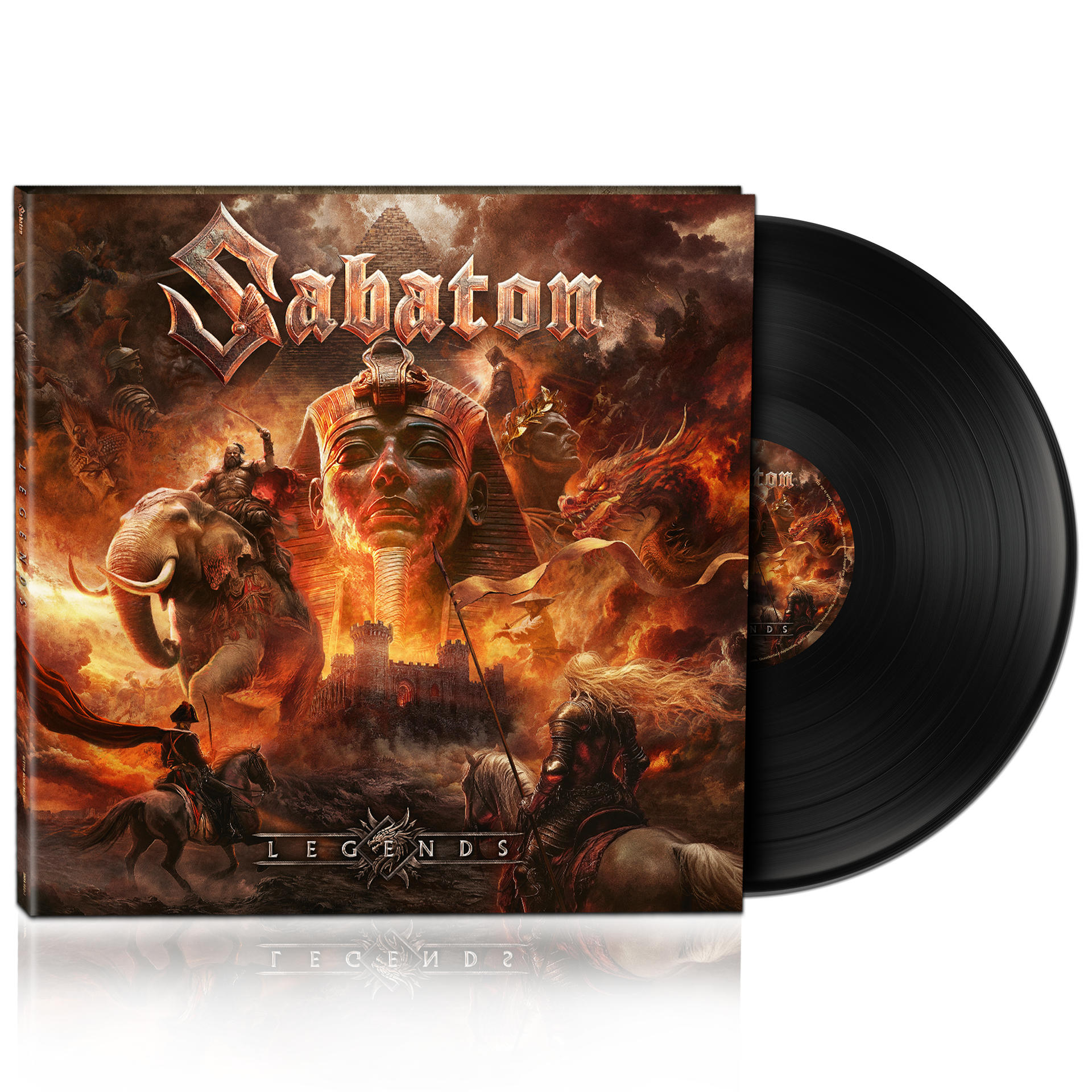 Albumcover mit Fantasy-Kampfszene, Logo, schwarze Vinyl-Schallplatte. Krieger, Elefant, Pharao-Kopf, Drache und Burg sind sichtbar.