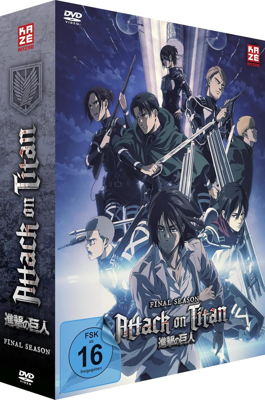 DVD-Hülle von Attack on Titan, Final Season. Zeigt Anime-Charaktere mit Waffen. Titel und Logos sind sichtbar.