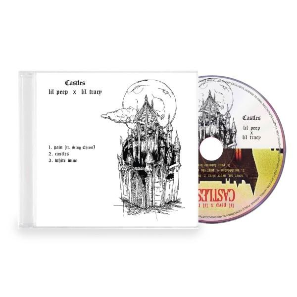 CD-Hülle mit einer Burgzeichnung. Die Scheibe ist sichtbar. Text auf der Hülle: Castles, lil peep x lil tracy und Songtitel.