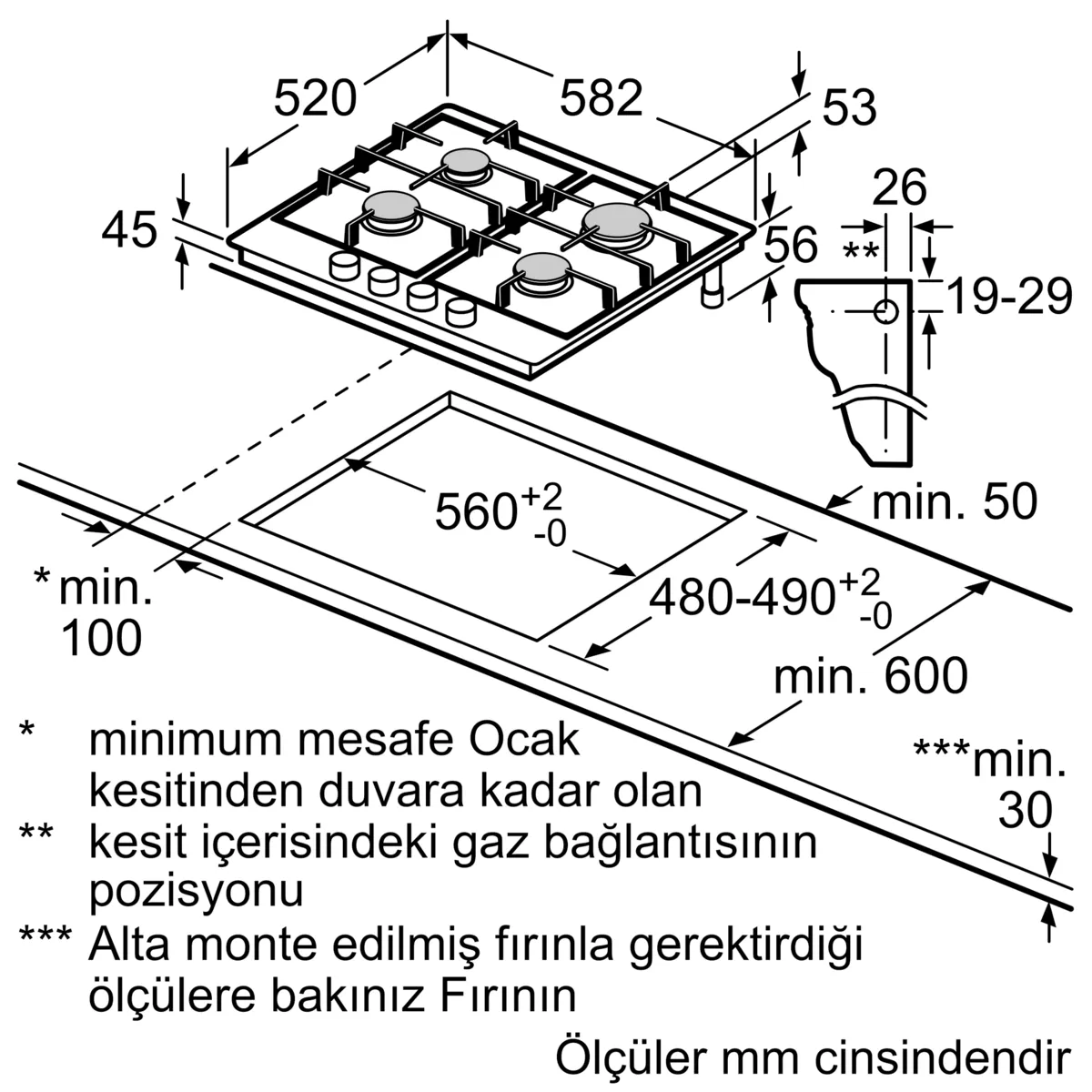 Milimetre cinsinden ölçüleri olan bir gaz ocağı şeması. Etiketler minimum mesafeleri ve gaz bağlantı noktalarını gösterir.