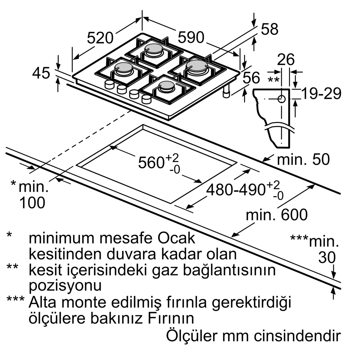 Milimetre cinsinden ölçüleri gösteren bir gaz ocağı şeması. Ocak, kesim ölçüleri ve montaj için minimum boşlukları gösterir.
