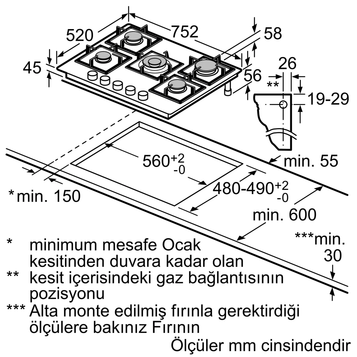 mm cinsinden ölçüleri olan bir ocak şeması. Ölçümleri ve kurulum detaylarını gösteren üstten ve yandan görünüşleri içerir.