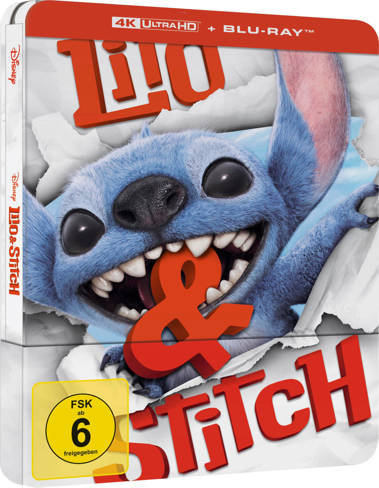 Stitch vom Lilo & Stitch-Filmcover. Stitch ist blau, reißt Papier. Titel ist rot. Enthält 4K Ultra HD und Blu-ray.