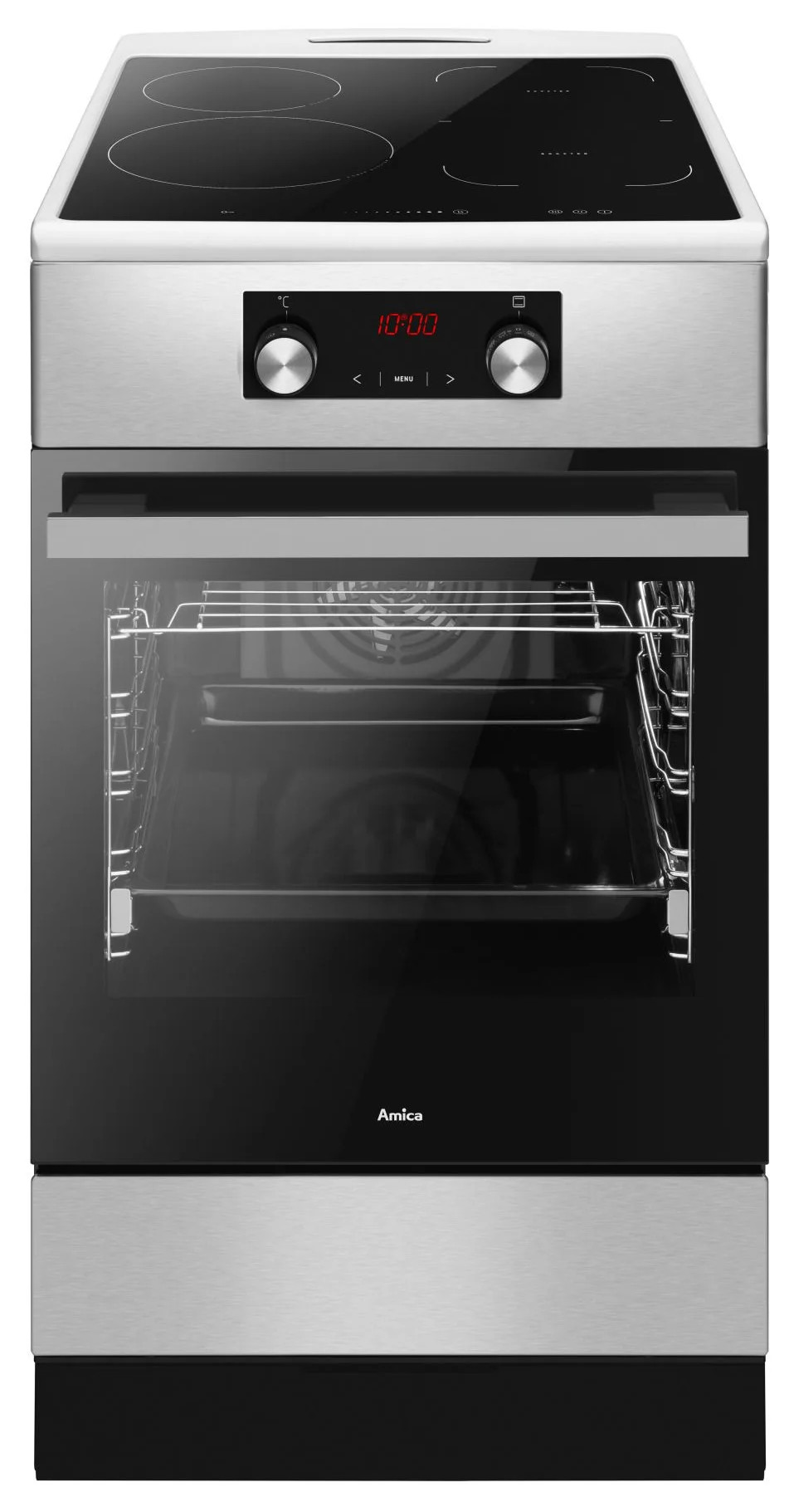Piekarnik ze stali nierdzewnej z czarnymi szklanymi drzwiami i płytą grzewczą. Wyświetlacz pokazuje 10:00. Marka to Amica.